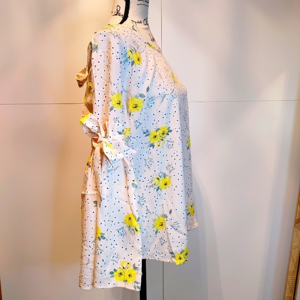 Floral Bell Sleeve Blouse S M L Yellow Boho Top Tie Sleeve Ruffle - Picture 3 of 12